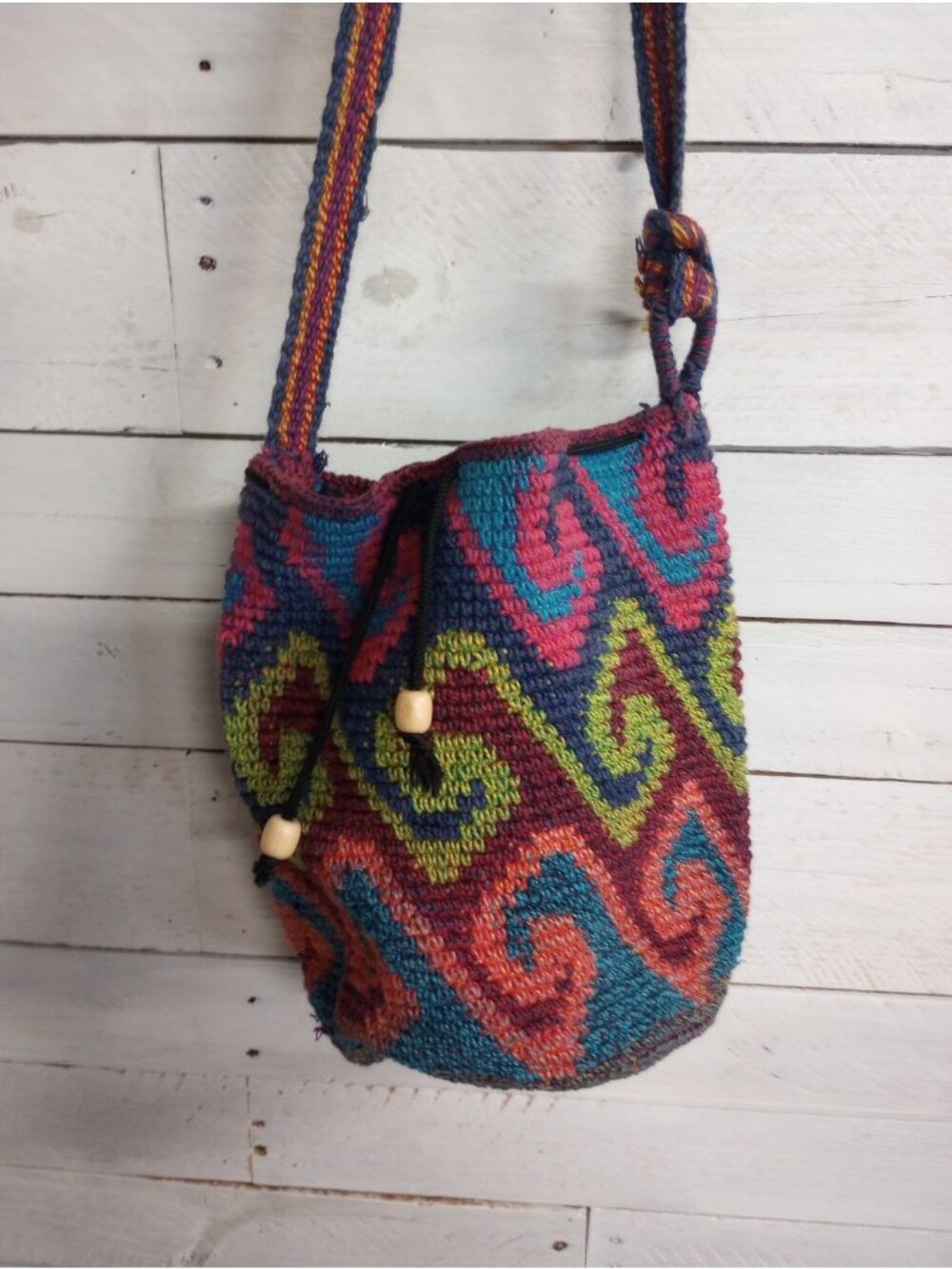 Crochet Crossbody Bucket Bag Purse Handbag Caribbean Multicolor Boho Beach